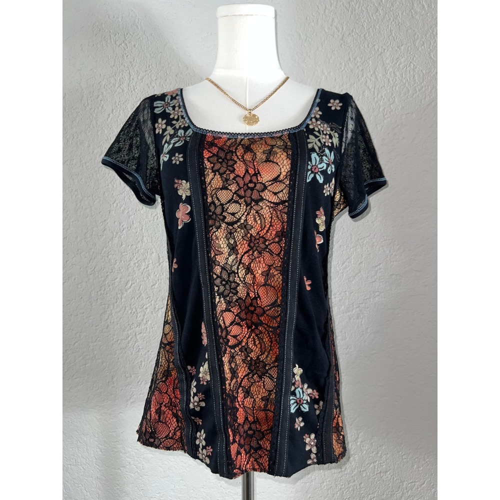 Vintage Edista Y2K Patchwork Lace Top Whimsigoth Floral Sheer Mesh Cap Sleeve